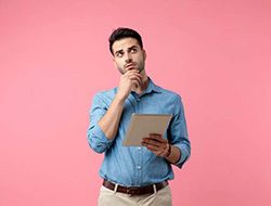 Man holding tablet, wearing curious expression